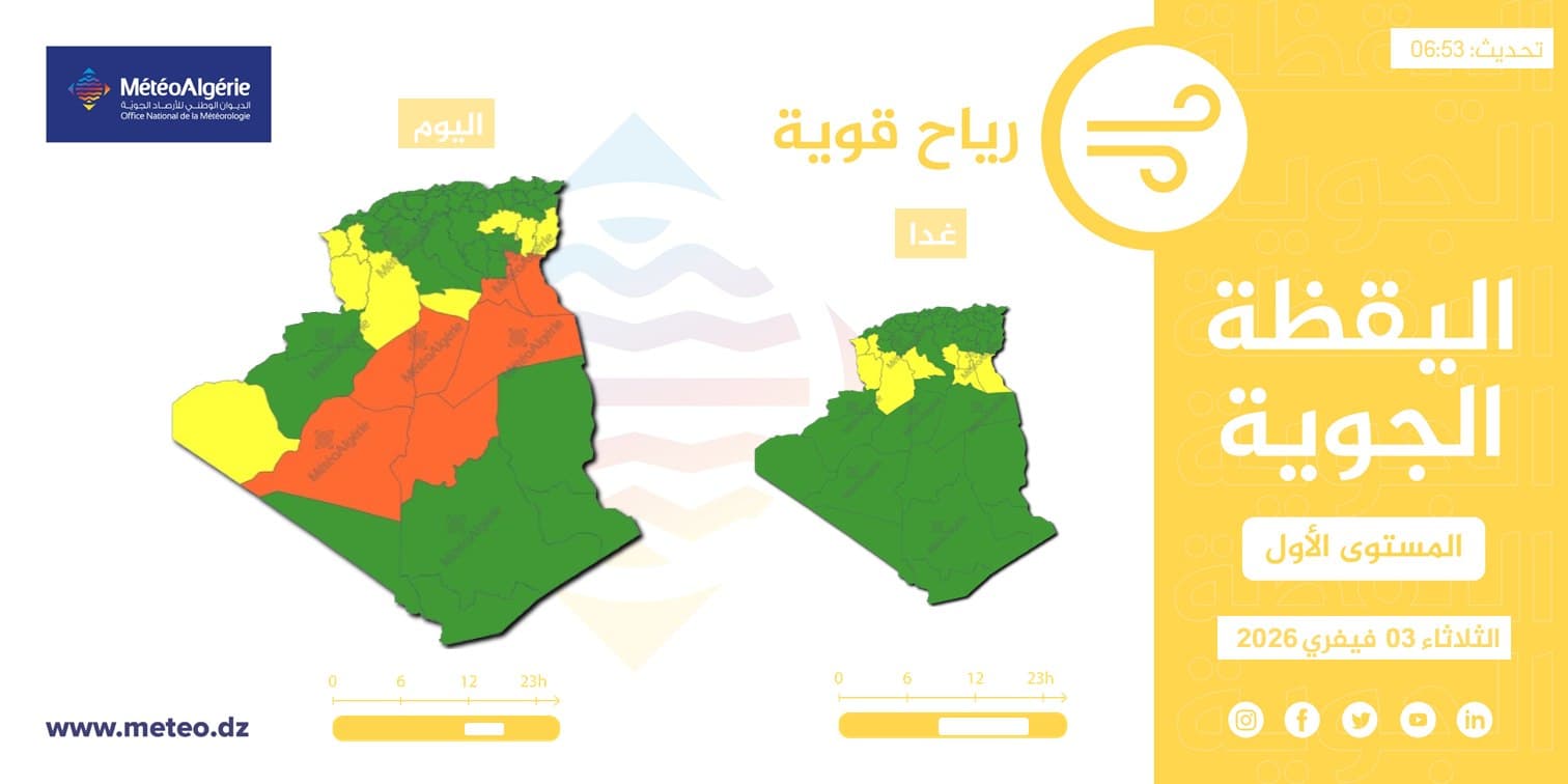 هبوب رياح قوية بعدة ولايات من الوطن غدا الأربعاء