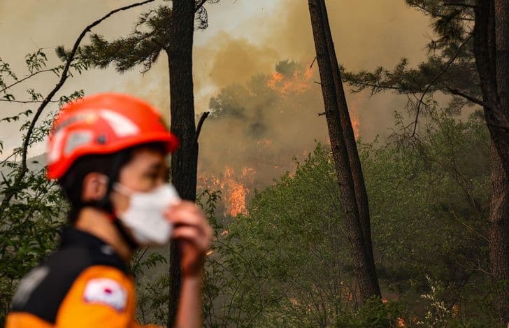 韩国东南部：因森林火灾，当地居民被敦促疏散