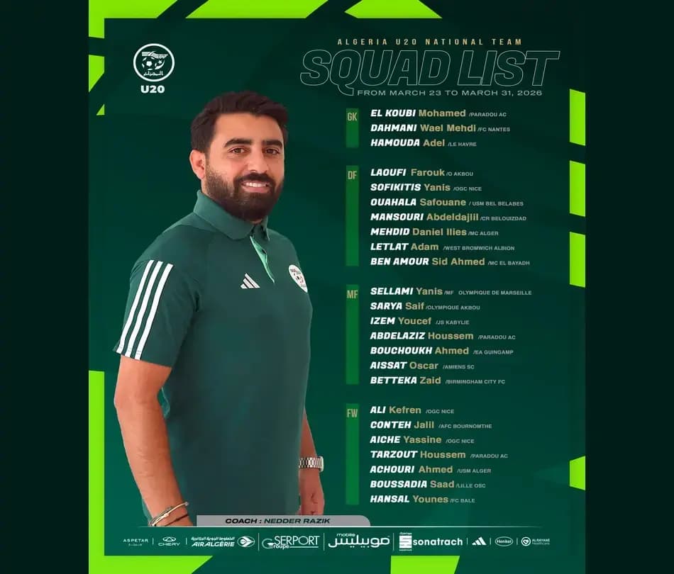 Algeria U20: 24 players named for two friendlies against Egypt in Cairo (FAF)