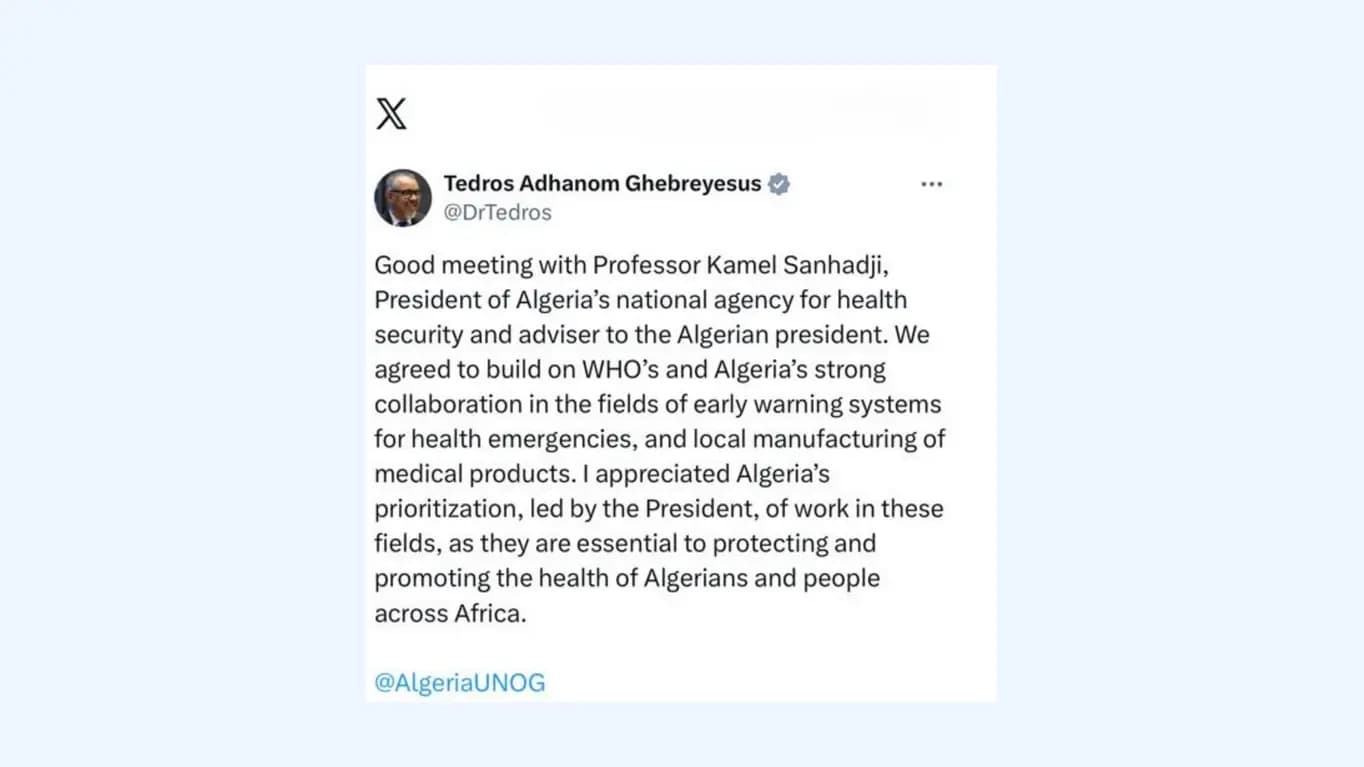 Director General de la OMS elogia la prioridad otorgada a la salud en Argelia, impulsada por el presidente de la República