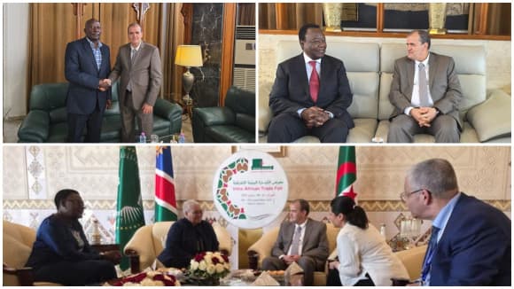 Photo montage du ministre du Commerce extérieur et de la Promotion des exportations Kamel Rezig, accueillant les délégations participant à la 4e édition de l'IATF.
