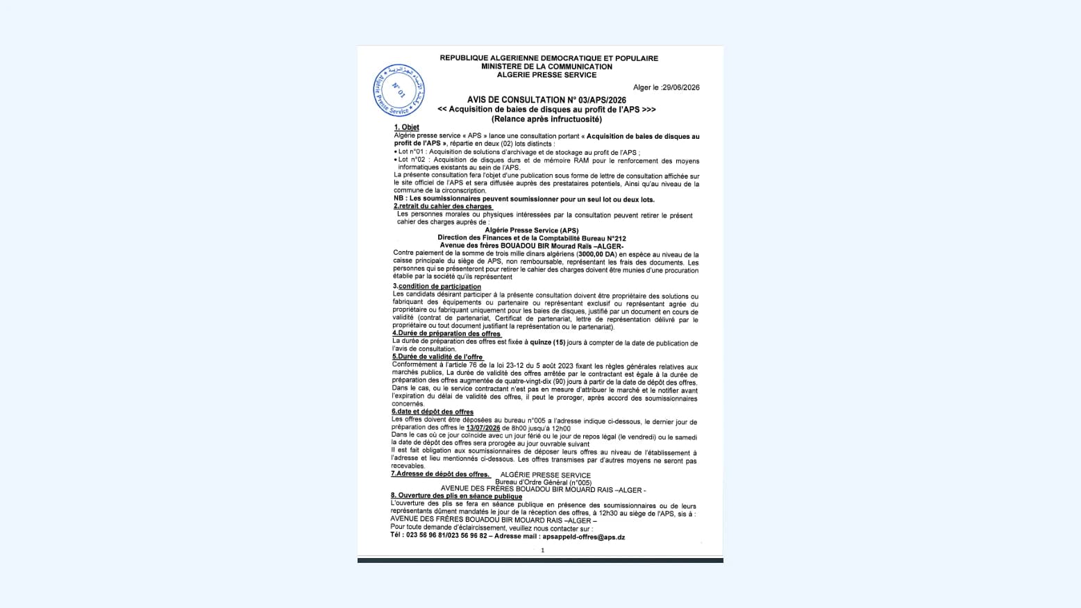 AVIS DE CONSULTATION Nº O3/APS/2026