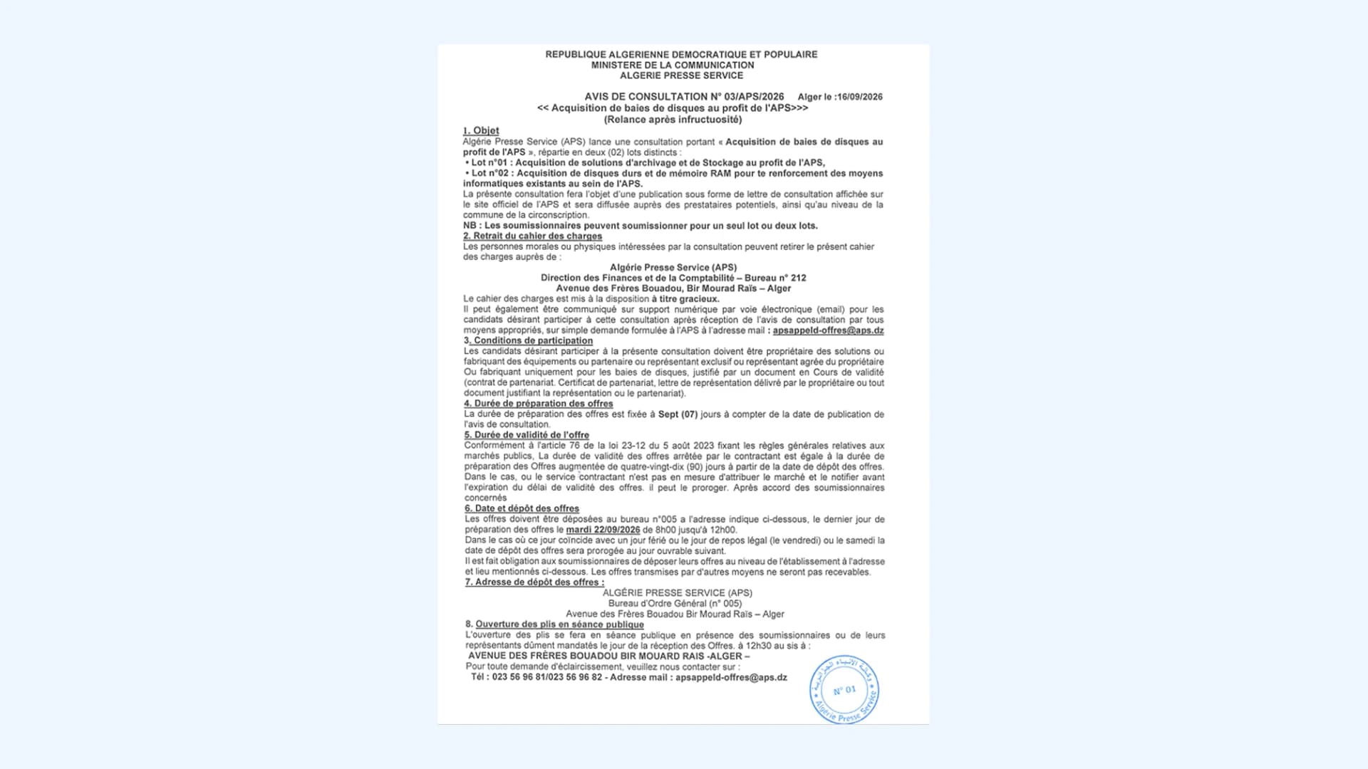 AVIS DE CONSULTATION NO 03/APS/2026 
