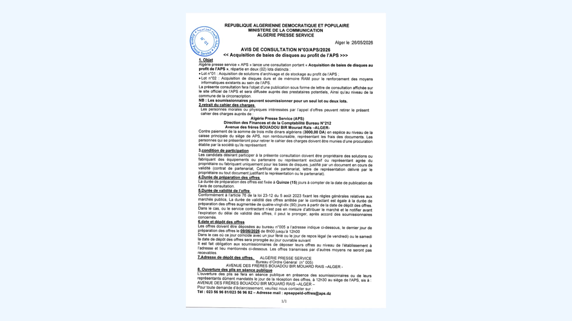 AVIS DE CONSULTATION NºO3/APS/2026