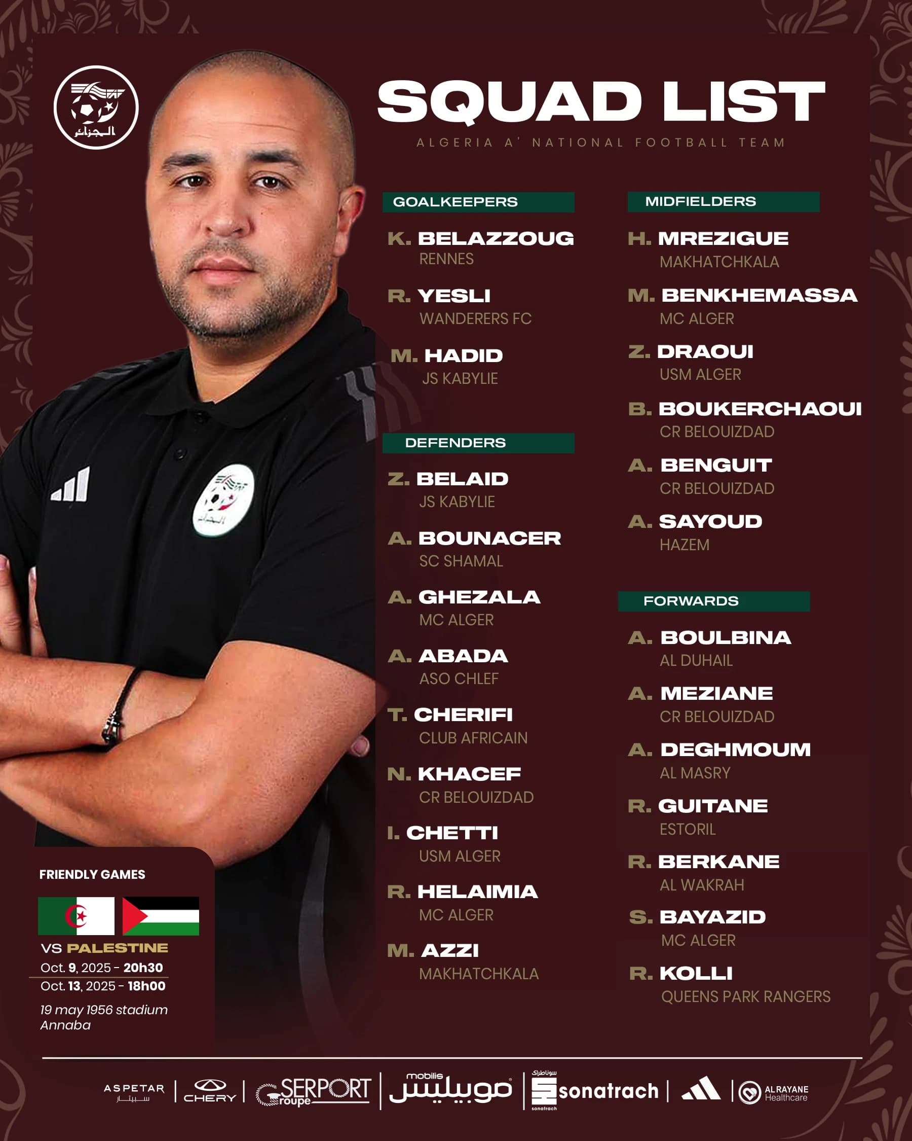 Coupe arabe Fifa: 25 joueurs convoqués pour la double confrontation amicale face à la Palestine